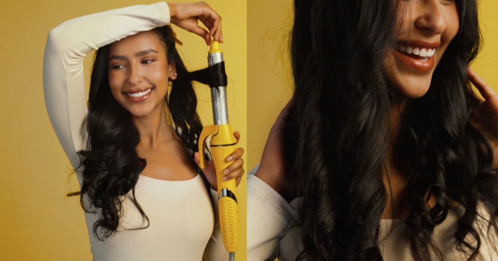 A woman with long dark hair curls her hair with a yellow curling iron, smiling, against a yellow background. A close-up shows the curled hair and part of her face.